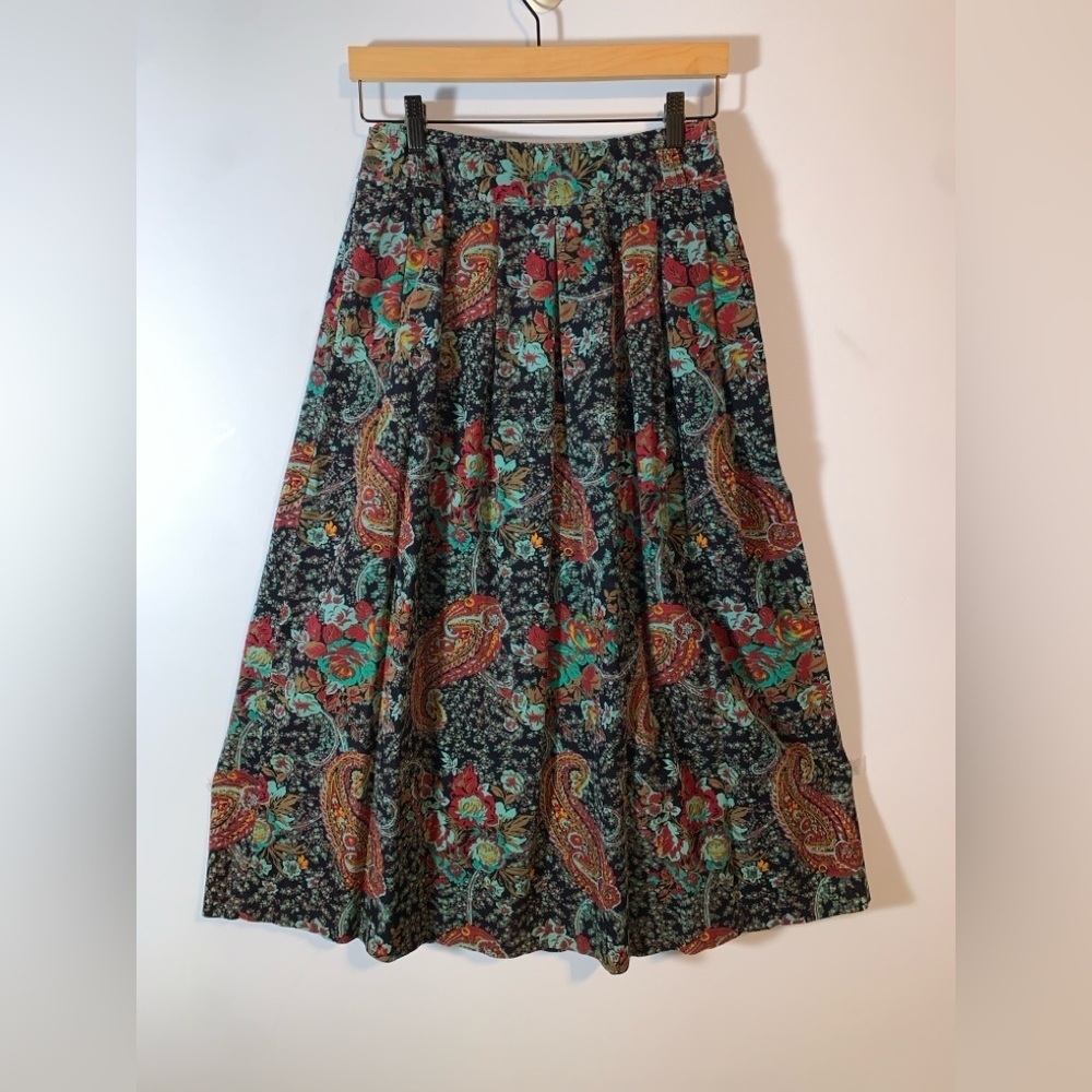 Hunt Club Floral Paisley midi corduroy pleated skirt teal blue burgundy size 10